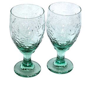 2 Libbey Glass Orchard Fruit Green Goblets 7" water ice tea glasses 16oz embosse